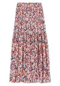 Floral maxi skirt with a smocked waistband. Features a multicolor pattern on a light background, with a ruffled hem and tiered design.