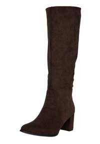 Bota de ante marrón hasta la rodilla con punta afilada y tacón cuadrado. Presenta una textura suave y costuras limpias a lo largo de los lados.