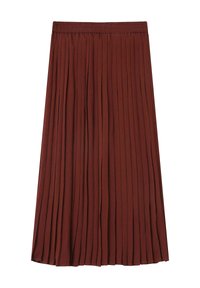 Jupe midi plissée en orange brûlé, fabriquée en tissu lisse. Taille élastique, texture douce et design fluide avec des plis réguliers.