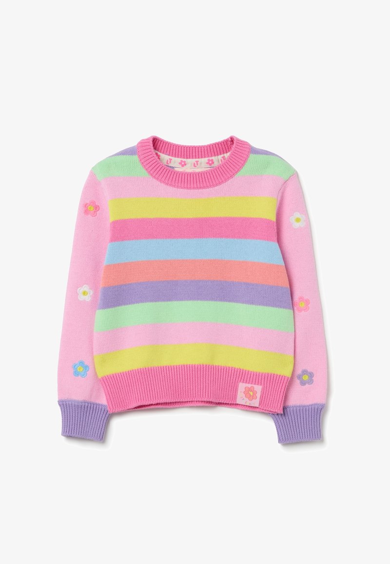 Pull tricoté pour enfants avec des rayures horizontales pastel en rose, jaune, bleu, vert, violet, et des appliqués floraux sur les manches et l'ourlet.