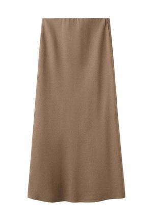 Jupe midi marron coupe trapèze avec une texture lisse et une taille haute, conçue pour un look épuré et minimaliste.