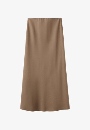 Brauner A-Linien-Midirock mit glatter Textur und hoher Taille, entworfen für einen sauberen und minimalistischen Look.