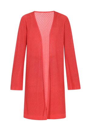 Rode gebreide cardigan met open voorkant en lange mouwen, voorzien van een gestructureerd ruitpatroon en een lichtgewicht, ademende stof.