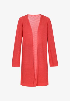 Sarkans adīts atvērts priekšā kardigans ar garām piedurknēm, ar raksturīgu dimanta tekstūru un vieglu, elpojošu audumu.