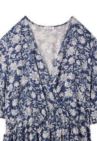 Abito blu navy con motivo floreale bianco; presenta scollatura a V, maniche corte e vita elastica; realizzato in tessuto leggero.