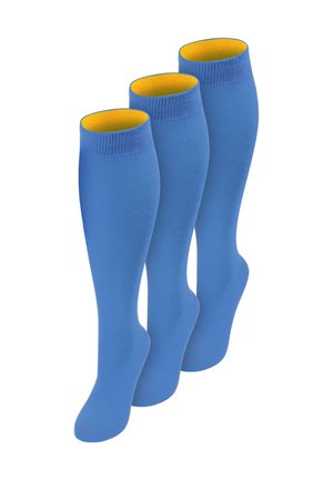 Drei Paar blaue knielange Socken mit gelbem Innenfutter, nebeneinander auf weißem Hintergrund angeordnet.