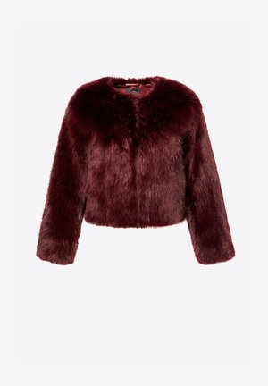 Burgunderfarbenes Kunstpelz-Cropped-Jackett mit langen Ärmeln, weicher Textur und ohne sichtbare Verschlüsse. Verfügt über einen runden Halsausschnitt und einen plüschigen Look.