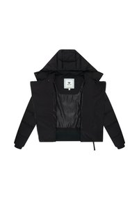 Juodas pūkinis švarkas su gobtuvu, su užtrauktuku priekyje, elastingomis rankovėmis ir lygiu pamušalu. Viduje matomas prekės ženklas.