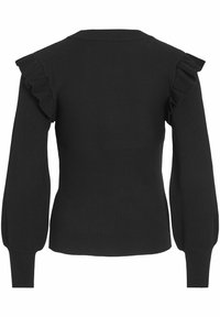 Melnas adītas džemperis ar ribinātu tekstūru, garām piedurknēm un viļņainiem akcentiem uz pleciem. Apaļš kakla izgriezums, pieguļošs dizains.