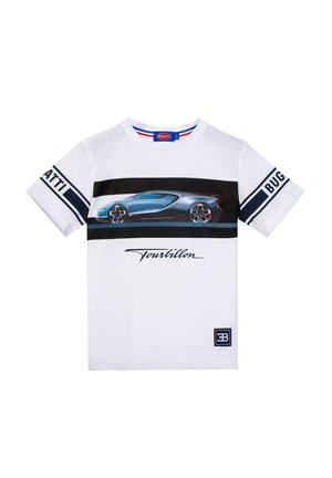 Maglietta bianca per bambini con grafica di un'auto sportiva blu, testo "Tourbillon" sotto e loghi "Bugatti" sulle maniche e sulla toppa inferiore.