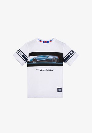 Maglietta bianca per bambini con grafica di un'auto sportiva blu, testo "Tourbillon" sotto e loghi "Bugatti" sulle maniche e sulla toppa inferiore.