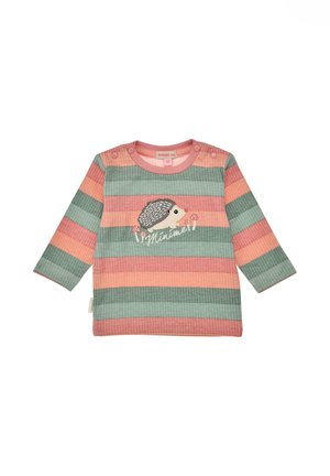 Langarmshirt aus Baumwolle mit rosa, grünem und korallfarbenem Streifenmuster. Verfügt über ein Igel-Design, Knöpfe an der Schulter und eine gerippte Textur.