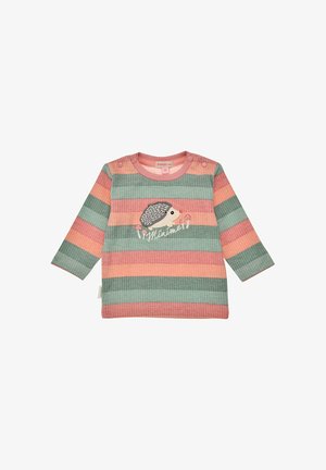 Langarmshirt aus Baumwolle mit rosa, grünem und korallfarbenem Streifenmuster. Verfügt über ein Igel-Design, Knöpfe an der Schulter und eine gerippte Textur.