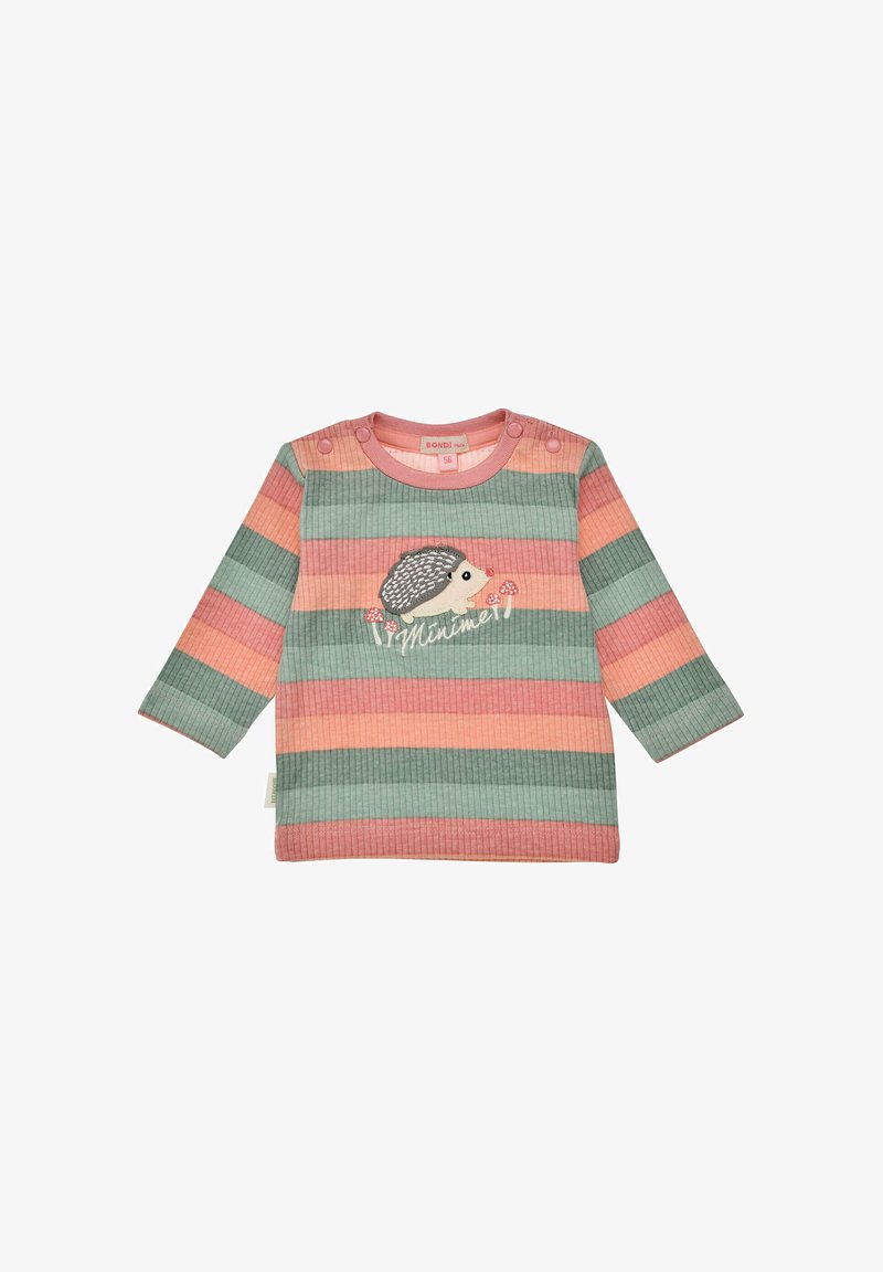 Langarmshirt aus Baumwolle mit rosa, grünem und korallfarbenem Streifenmuster. Verfügt über ein Igel-Design, Knöpfe an der Schulter und eine gerippte Textur.