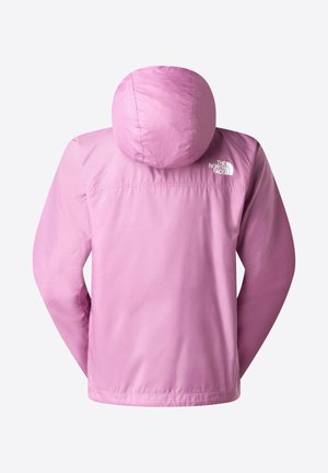 Lichtpaarse hooded lichtgewicht jas met lange mouwen en het The North Face-logo aan de bovenste rechterachterzijde.
