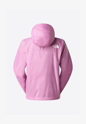 Light purple hooded lightweight jacket with long sleeves and The North Face logo on the upper right back side.