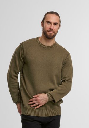 Maglione lavorato a maglia verde khaki con collo rotondo a coste, maniche lunghe e polsini e orlo a coste. Texture liscia, vestibilità casual.