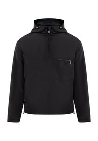 Giacca leggera nera con cappuccio, apertura frontale a mezzi zip e tasca sul petto con zip. Realizzata in tessuto liscio e resistente all'acqua.