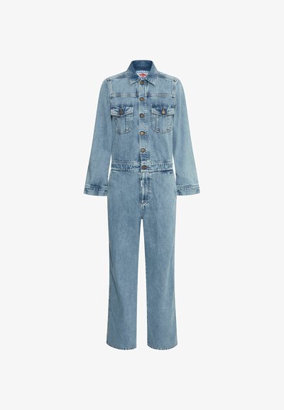 Svetlomodrý denimový overal s dlhými rukávmi, dvoma náprsními vreckami, predným zapínaním na gombíky a stiahnutým pásom. Široké nohavice.