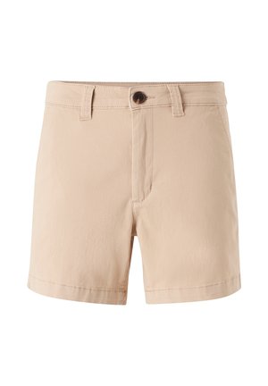 Pantalones cortos de algodón beige con trabillas para cinturón, cierre de botón y dobladillos cosidos, mostrados de frente sobre un fondo blanco.