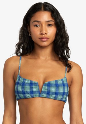 Blue and green checked bikini top, featuring textured fabric, thin shoulder straps, and a V-shaped neckline.