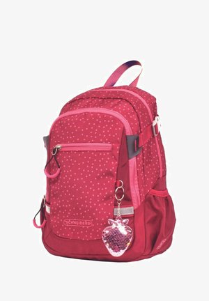 Rode rugzak met stippen, een roze rits, verstelbare schouderbanden en een afneembare glitteraardbeiensleutelhanger. Voorvak en zijvakje van mesh.