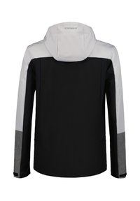 Veste noire avec capuche gris clair, épaules et haut des manches, et panneaux de manches inférieurs gris plus foncé, vue de dos.