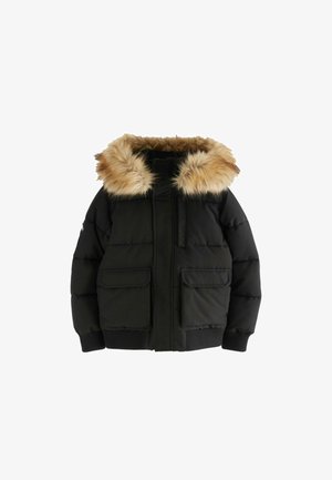 Schwarze Pufferjacke mit Kapuze aus Kunstfell. Verfügt über einen Reißverschluss und zwei frontale Taschen. Rippbündchen und Saum für zusätzliche Wärme.