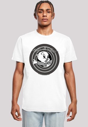 Hvit bomull t-skjorte med en svart og hvit tegneserieillustrasjon av en gris, med teksten "Det er alt, folkens!" omkranset av et spiraldesign.