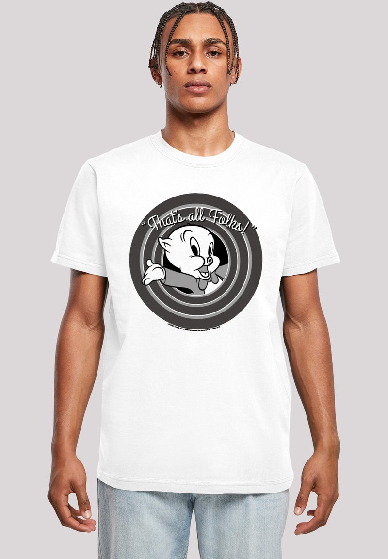 Hvit bomull t-skjorte med en svart og hvit tegneserieillustrasjon av en gris, med teksten "Det er alt, folkens!" omkranset av et spiraldesign.