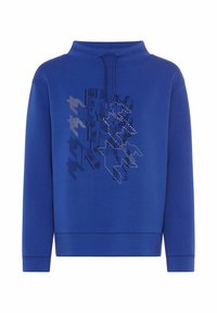Blauwe sweatshirt met hoge hals, verstelbare trekkoorden en een gestructureerd grafisch patroon op de voorkant. Zachte stof met geribde manchetten.
