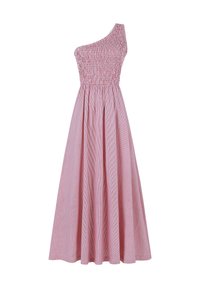 Robe une épaule en tissu rayé rouge et blanc, avec un corsage smocké, une jupe fluide et une longueur jusqu'aux chevilles.