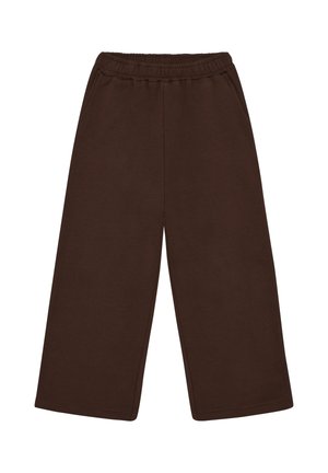 Bruine broek met wijde pijpen, elastische tailleband en zijzakken, gemaakt van zacht materiaal voor comfortabel dragen.