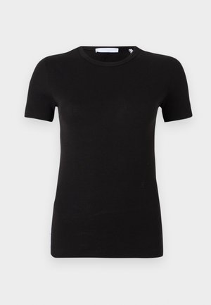 Schwarzes Kurzarm-T-Shirt aus weichem, elastischem Material. Hat einen runden Halsauschnitt und ein minimalistisches Design ohne sichtbare Muster oder Grafiken.