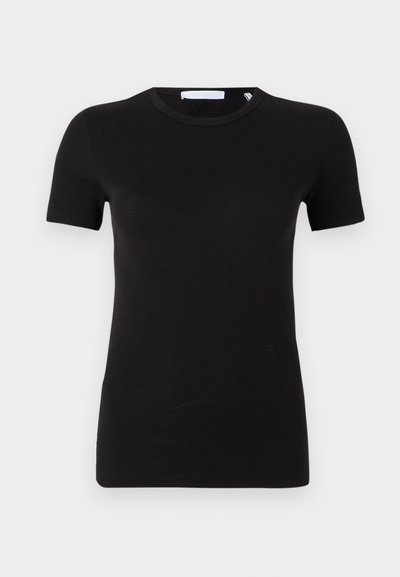 Black short-sleeve t-shirt made of soft, stretchy material. Features a round neckline and minimalistic design with no visible patterns or graphics.