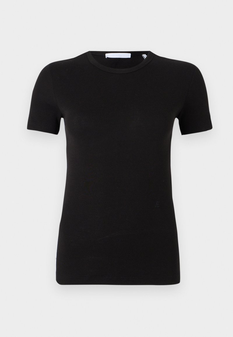 T-shirt nera a maniche corte realizzata in un materiale morbido ed elastico. Presenta un colletto rotondo e un design minimalista senza motivi o grafiche visibili.