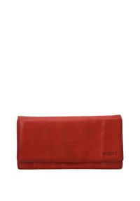 Rote Lederbrieftasche mit glatter Textur, rechteckiger Form und Klappenverschluss. Mit eingeprägtem Logo „VENEZIA“ in der Ecke.