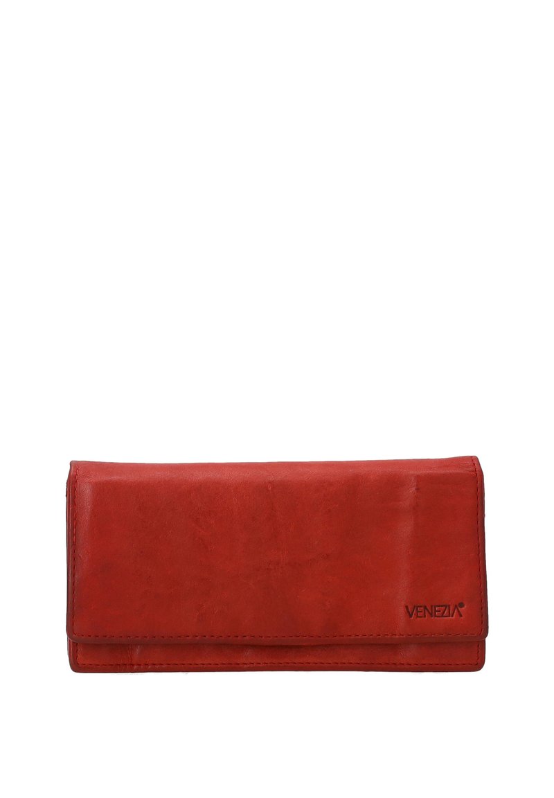 Rote Lederbrieftasche mit glatter Textur, rechteckiger Form und Klappenverschluss. Mit eingeprägtem Logo „VENEZIA“ in der Ecke.