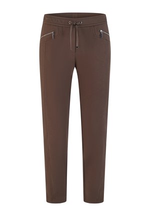 Brown slim-fit pants with drawstring waist and two zipped front pockets, displayed on a white background.