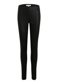 Zwarte leren legging met een slim fit, met een gladde textuur en een elastische tailleband voor comfort. Geen extra hardware of patronen.