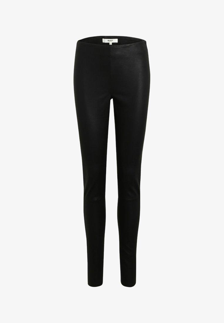 Zwarte leren legging met een slim fit, met een gladde textuur en een elastische tailleband voor comfort. Geen extra hardware of patronen.