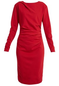 Rotes, langärmeliges Kleid mit Rundhalsausschnitt, das über eine geraffte Detail am Bund verfügt und aus einem glatten, dehnbaren Stoff gefertigt ist.