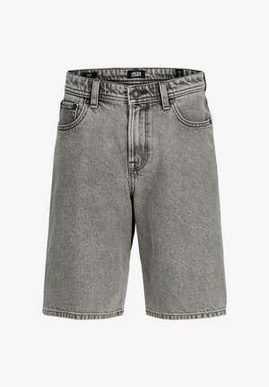 Szare szorty dżinsowe o klasycznym fasonie z pięcioma kieszeniami, wyposażone w szlufki na pasek i zapięcie na guziki. Tkanina ma teksturowane wykończenie.