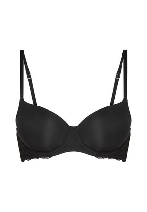 Schwarzer gepolsterter BH mit verstellbaren Trägern und Spitzen-Details entlang des unteren Bands, auf weißem Hintergrund dargestellt.