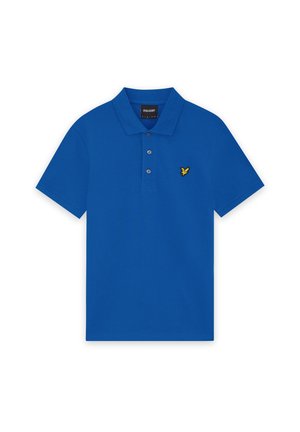 Modrá polo košeľa s krátkym rukávom, tromi gombíkmi a malým žltým logom vtáka na ľavej strane hrude.