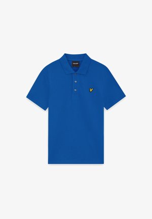 Modrá polo košeľa s krátkym rukávom, tromi gombíkmi a malým žltým logom vtáka na ľavej strane hrude.