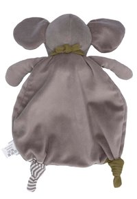Gray plush elephant toy with large ears, knotted green fabric accent around the neck, and a striped tail detail. Soft texture.