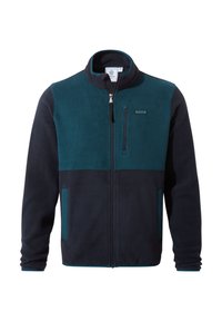 Fleece jacket in dark navy with teal accents. Full zipper closure, high collar, front chest and side pockets. Soft texture and casual design.
