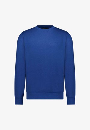 Blauwe crewneck trui gemaakt van zachte stof. Heeft lange mouwen en geribde manchetten, met een klein logodetail op de borst.