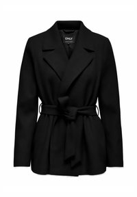 Manteau noir à ceinture, en tissu lisse. Équipé d'un col cranté et de manches longues, avec une silhouette structurée et un dos plissé.